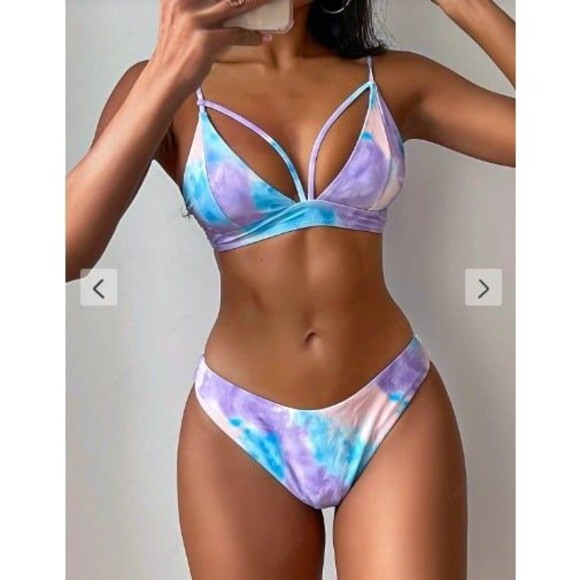 NWT Womens Tie Dye Strappy Bikini Swimsuit purple pink Multicolor sz L (8) - Picture 3 of 7